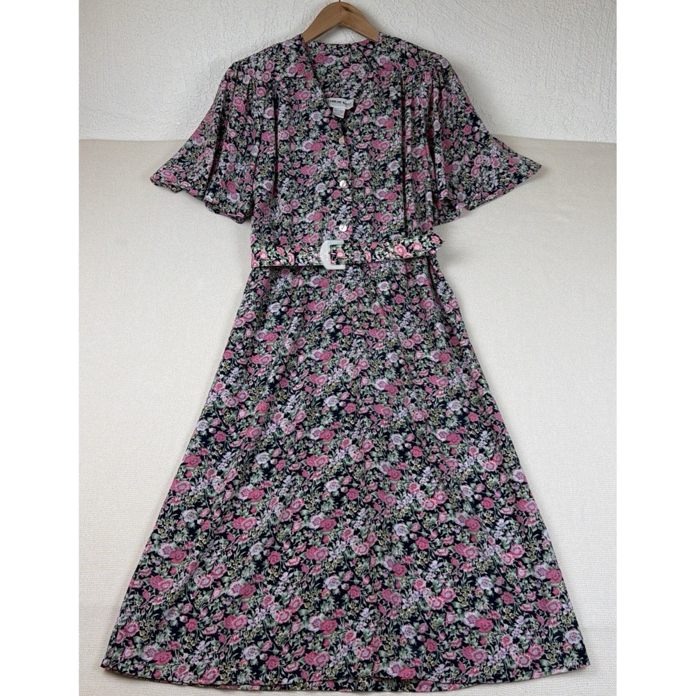 Caroline Wells Collection Floral Belted Dress Size 12 Blue Pink Vintage Inspired
